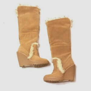 Vintage Colin Stewart Knee High Tan Suede Fur Lined Boots